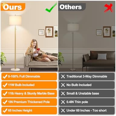 【Upgraded】Dimmable Gold Floor Lamps for Living Room, 11W LED Bulb Included, Modern Standing Lamp with Marble Base, Tall Pole Light with White Linen Shade for Bedroom Reading Office Corner Nursery - Image 2