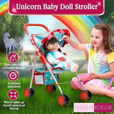 fash n kolor® - Doll Stroller My First Baby Doll Strollers Toy - Flower Design with Basket in The Bottom- Doll Accessories 2 Free Magic Bottles Included (Unicorn Design) - Image 4