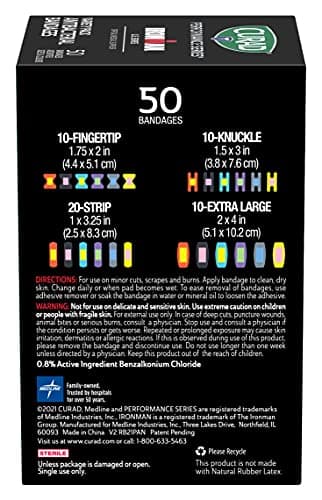 CURAD Performance Series IRONMAN Antibacterial Bandages, Extreme Hold Adhesive Technology, Finger & Knuckle Bandages, Flexible Fabric, Variety Pack with Assorted Sizes & Colors, 50 Count - Image 3