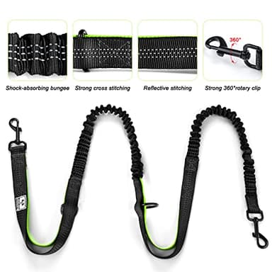 SHINE HAI Retractable Hands Free Dog Leash with Dual Bungees for 2 Dogs, Adjustable Waist Belt, Reflective Stitching Leash for Running Walking Hiking Jogging Biking Black - Green - Image 3