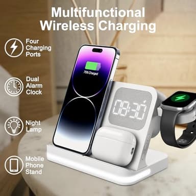 7 in 1 Wireless Charging Station Compatible with Apple Multiple Devices iPhone, AirPods, and Apple Watch - Phone Wireless Charger Fast Charging with Night Lamp and Clock(White) - Image 2