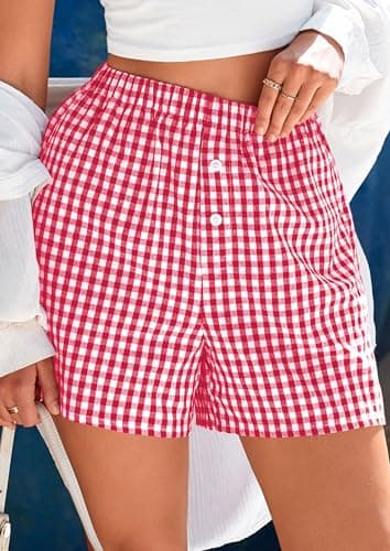 PRETTYGARDEN Womens Shorts Boxers 2025 Summer Gingham Pajama Lounge Sleep Y2K Plaid Pj Shorts Beach Bottoms(Red,Large) - Image 4
