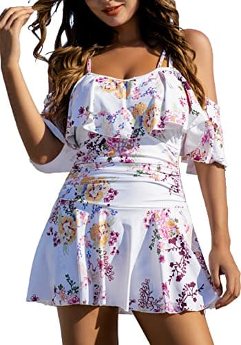 COCOPEAR Women's One Piece Flounce Swimsuit Off Shoulder Bathing Suit Tummy Control Swimdress Floral 38 XL/12-14