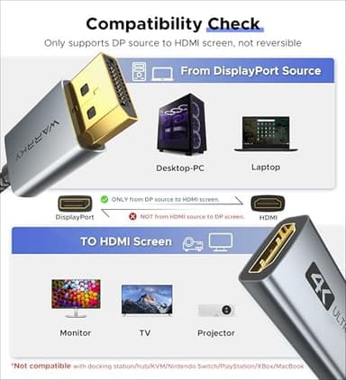 Warrky 4K DisplayPort to HDMI Adapter, Uni-Directional [Metal Case, Gold-Plated Pins] Display Port Source to HDMI Monitor Converter 1080P@120Hz Compatible for HP, AMD, NVIDIA. Male to Female - Image 5