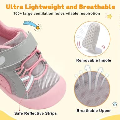 FEETCITY Wide Baby Walking Shoes Flexible Barefoot Baby Sneakers Breathable Non-Slip Infant Sock Shoes Lightweight Grey Pink - Image 4