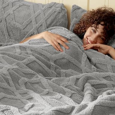 PHF Fluffy Sherpa Fleece Blanket Queen Size for Winter, Warm and Cozy, 510GSM 3D Tufted Shaggy Fleece Blanket for Sofa Bed, Grey, 90"x90" - Image 1