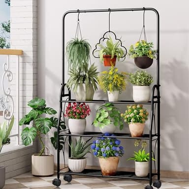 ECOESPTI Plant Stand, 3 Tier Moveable Tall Corner Hanging Plant Rack for Indoor Outdoor, Black Heavy Duty Metal Multiple Plant Shelf Holder for Garden Balcony Living Room - Image 2