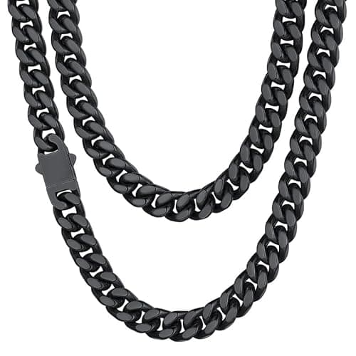 Mens Cuban Link Chain, Black Miami Cuban Chain Necklace for Men, 9mm Wide Hip Hop Mens Jewelry, 24" - Image 1