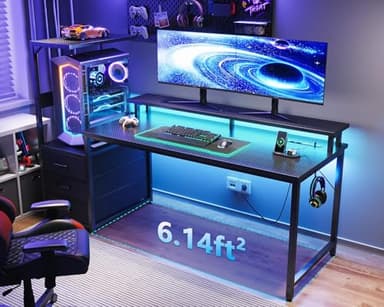 AODK 59 Inch Gaming Desk with USB Charging Ports & LED Light- Reversible Computer Desk with Storage Shelves & Monitor Stand, Modern Gamer Desk Table with Fabric Drawers & Side Hook, Carbon Fiber Black - Image 2