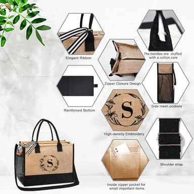 BeeGreen Birthday Gifts for Women Initial Jute Tote Bag for Friends Mother Bride Appreciation Gifts Bag Beach Tote Bag with Magnetic Buckle Embroidery Large Personalized Gift - Image 3