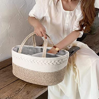 Maliton Baby Diaper Caddy Organizer, X-Large Cotton Rope, Rustic Style, Portable, 3 Compartments, A-Brown - Image 7