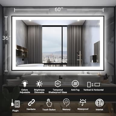 Megatex 60x36 Lighted Mirrors for Bathroom Wall, Modern Rectangle Matte Black Mirror, Tempered Glass，Double Lights, 3 Colors Dimmable Temperature, IP54 Enhanced Anti-Fog, Memory (Horizontal/Vertical) - Image 2