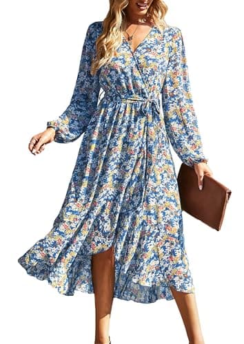 PRETTYGARDEN Women's Floral Boho Dress Fall Long Sleeve Wrap V Neck Ruffle Flowy Maxi Spring Wedding Guest Vacation Dresses (Floral Blue,XX-Large) - Image 1