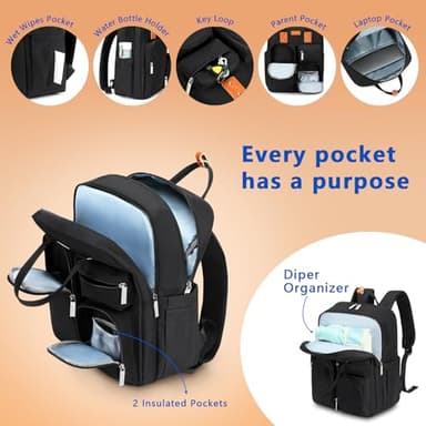 Diaper Bag Backpack, Large Capacity Baby Diaper Backpack with Tons of Pockets, Built-in Stroller Straps, Multi function Waterproof Diaper Bag (Black) - Image 3