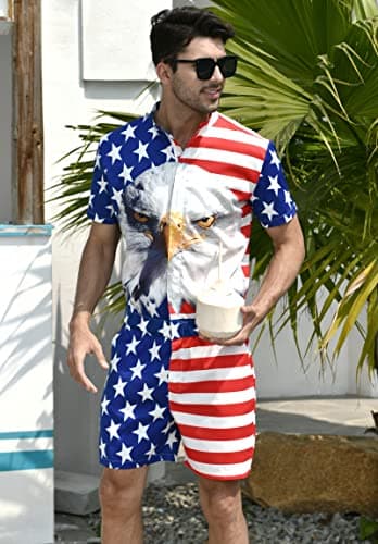 Men's Rompers Male Zipper Jumpsuit Shorts Flag Independence Day 4th of July One Piece Romper Slim Fit Bro Short Sleeve Shirt Outfits - Image 2
