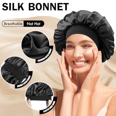 Doitory Satin Silk Bonnet for Sleeping, Double Layer Silk Sleep Cap for Men & Women, Soft Satin Lined Bonnet for Natural & Curly Hair(Black) - Image 3