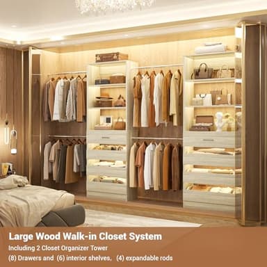 Aheaplus Closet System, 6-15Ft Closet Organizer with 8 Wooden Drawers, Wood Closet Organizer System with Tower, Walk-in Closet Organizer Wardrobe Garment Clothes Rack with 4 Hanging Rods, White Oak - Image 6
