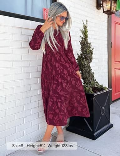 ZESICA Women's Fall Boho Floral Midi Dress 2025 Casual Long Sleeve Crewneck Flowy Wedding Guest Long Dresses,Wine,Medium - Image 5
