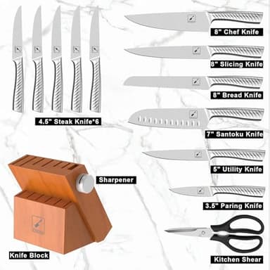 imarku Knife Set,14-Piece Knife Sets for kitchen with block,Premium One-Piece Kitchen Knife Set with Sharpener,High Carbon Stainless Steel Knives Set for Kitchen,Silver,Dishwasher Safe - Image 2