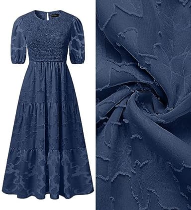 ZESICA Women's 2025 Summer Short Puff Sleeve Crewneck Smocked Floral Lace Flowy A Line Tiered Maxi Dresses,Navy,XX-Large - Image 5