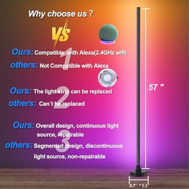 Bcmsda LED Floor Lamp, Corner Lamp, Corner Floor Lamp Compatible with Alexa, App, Remote Control, 16 Million DIY Colors RGB Floor Lamp, Music Sync, Timer Corner Light for Living Room, Bedroom - Image 3