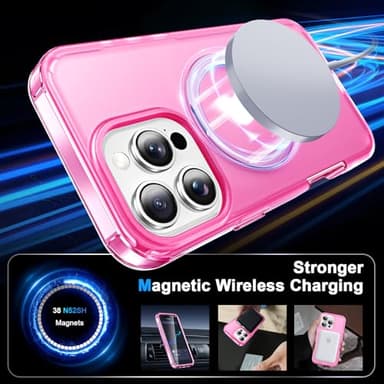 Turquiase for iPhone 16 Pro Max Full Body Shockproof Case with Magnetic Invisible Stand [Compatible with MagSafe] Built-in Screen Protector Military Drop ProtectionTranslucent Phone Cover -Hot Pink - Image 2