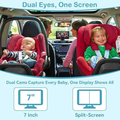 pemacom Baby Car Camera for 2-Kids: 7 Inch IPS Display with Dual Carseat Cameras, Split Screen, Night Vision, HD 1080P - USB Powered Easy Install Rear Facing Backseat Camera for Twins - Image 2