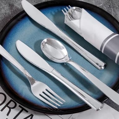 Joyido 200Guests Pre Rolled Silver Plastic Silverware Sets - Heavy Duty Silver Cutlery - Include 200 Pack Wrapped Disposable Utensils with Napkins for Parties & Dinners & Weddings - Image 7