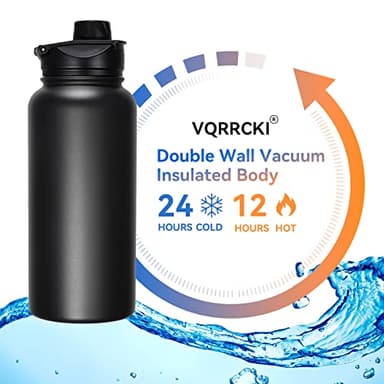 VQRRCKI 32 oz Insulated Water Bottle with Straw Lid & Wide Mouth Lids, Stainless Steel Sports Water Bottles, Double Walled Vacuum, Leak Proof, Black - Image 3