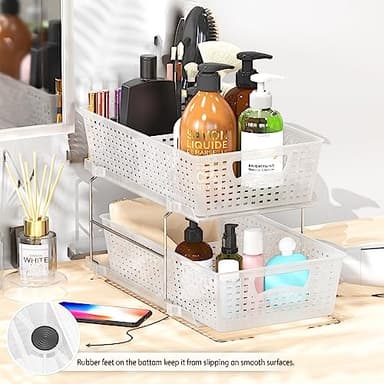 Simple Houseware 2 Tier Bathroom Organizer Tray Pull-Out Sliding Drawer/Under-Sink Storage, Clear - Image 4