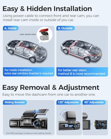 AZDOME M550 3 Channel Dash Cam, 4K+2.5K Dual Dash Camera for Cars Built-in WiFi GPS, 1440P+1080P+1440P Front and Rear Inside, 64GB Card Included, 3.19" IPS Screen, WDR, IR Night Vision, Parking Mode - Image 8