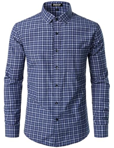 JEMITOP Men's Transitional Weather Long Sleeve Slim Fit Button Down Shirts Business Casual Button up Plaid Dress Shirt Dark Blue Gingham M - Image 2