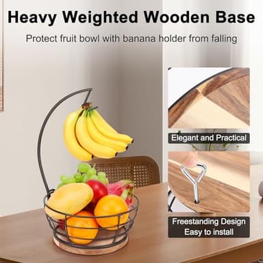 Livabber Countertop Fruit Basket Bowl with Banana Hanger, Modern Standing Fruit Vegetable Bowl Storage, with Banana Tree Holder for Kitchen Dinning Table (Round Wood, Black) - Image 5