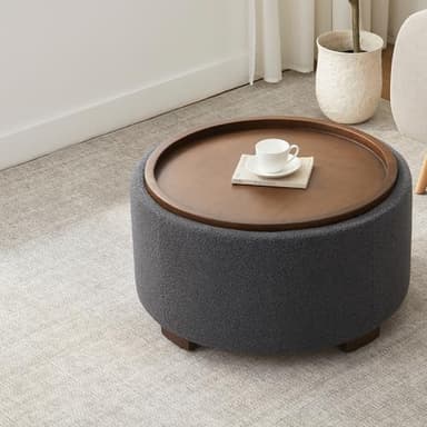 Zihanhome 30 Inch Round Storage Ottoman Coffee Table, Modern Boucle Ottoman with Lift-Off Lid and Solid Wood Legs for Living Room, Bedroom, Corners, Apartments (Grey) - Image 7