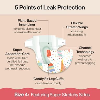 The Honest Company Clean Conscious Diapers for Delicate Skin | Up to 100% Leakproof | Hypoallergenic, Fragrance Free | Summer '25 Limited Edition Prints | Club Box, Size 4 (22-37 lbs), 54 Count - Image 4