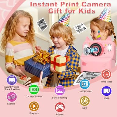 Instant Print Camera for Kids - Christmas Birthday Gift Toy for Girl Boy Age 3-9, Children Selfie Digital Cameras with Cartoon Soft Silicone Cover, Print Black White Photo with 32GB Card (Pink) - Image 2