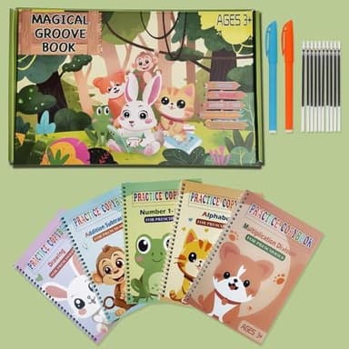 Magic Grooved Practice Copybook 5 Pack with Pens, Groove Reusable Magical Handwriting Workbooks, Tracing Letters Numbers, Math, Kindergarten Sight Words for Kids Ages 3-8 for Preschool(5books+Pens） - Image 2
