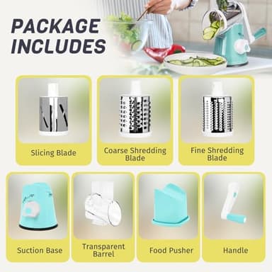 X Home Rotary Cheese Grater for Kitchen, Shredder with 3 Interchangeable Blades, Rotary Grater with Handle and Strong Suction Base, for Vegetables, Fruit, Nuts, Easy to Use and Clean, Blue - Image 9