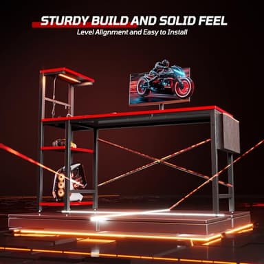 Bestier Gaming Desk with Power Outlets, 61 Inch Large Led Gamer Desk with 4 Tiers Reversible Shelves, PC Gaming Table with Headset Hook & Side Storage Bag for Bedroom (Black 3D Carbon Fiber) - Image 3