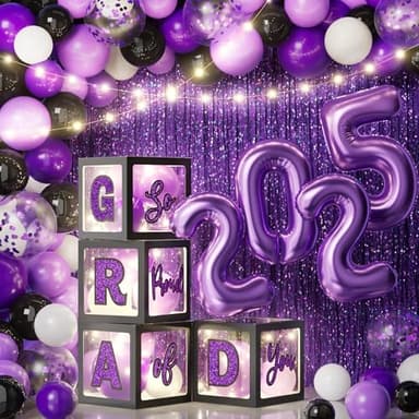 Ecomore Graduation Party Decorations Class of 2025-86 PCS Grad Party Supplies Includes LED Light Strings Balloon Block Boxes with Letters Foil Curtain Backdrop 2025 Balloon Garland Kit -Black Purple - Image 1