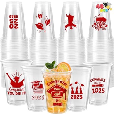 JOYIN 48 Pcs Red Class of 2025 Graduation Party decorations Cups, 16 Oz Disposable Plastic Cups, Grad Decor Party Supplies with 24 Fun Designs for College & High School Celebrations - Image 1
