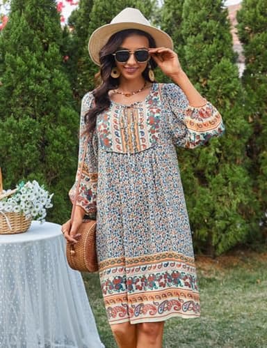 Bluetime Women Casual Summer Dress Boho V Neck 3/4 Sleeve Babydoll Floral Print Flowy Beach Dress (L, Light Apricot) - Image 4