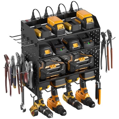 CCCEI Modular Power Tool Organizer with Charging Station. 4 Layer Wall Mount Drill Holder, Tool Battery Charger Organizer. Garage Shop Storage Utility Shelf with 10FT Power Strip, Gift for Men. - Image 1