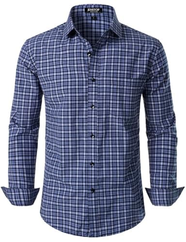 JEMITOP Men's Transitional Weather Long Sleeve Slim Fit Button Down Shirts Business Casual Button up Plaid Dress Shirt Dark Blue Gingham M - Image 1
