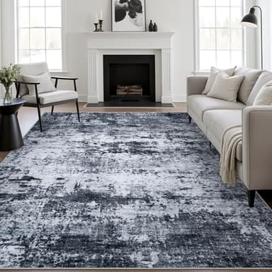 8x10 Area Rug Living Room Rug: Washable Modern Abstract Soft Thin Rug Indoor Floor No Slip Stain Resistant Carpet for Bedroom Dining Room Farmhouse Nursery Home Office - Black - Image 1