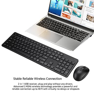 Wireless Keyboard and Mouse Combo, 2.4G Silent Cordless Keyboard Mouse Combo for Windows Chrome Laptop Computer PC Desktop, 106 Keys Full Size with Number Pad, 1600 DPI Optical Mouse (Black) - Image 2