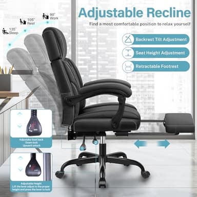 Executive Leather Office Chair, Big and Tall Office Chair with Footrest Home Office Desk Chairs, Ergonomic Computer Desk Chair with Lumbar Support, Reclining Desk Chair with Adjustable Angle - Image 5