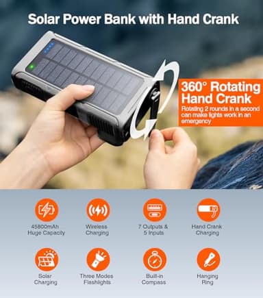 GOODaaa Power Bank Wireless Charger 45800mAh Built in Hand Crank and 4 Cables 15W Fast Charging Power Bank 7 Outputs & 4 Inputs Solar Portable Charger, SOS/Strobe/Strong Flashlights, Compass - Image 3