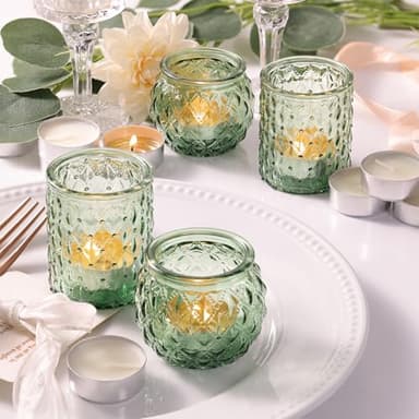 DARJEN 12Pcs Green Votive Candle Holders with 12Pcs Tea Lights Candles- Round Glass Candle Holders Bulk for Table Centerpiece, Tea Lights Candle Holders for Wedding Home Party & Gift - Image 7
