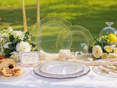 Liacere 150PCS Clear Gold Plastic Plates - Disposable Plastic Silverware with Glitter Bamboo Handle Cutlery-Baroque Clear Gold Disposable Plates for Wedding & Party & Thanksgiving &Fall Decor - Image 7